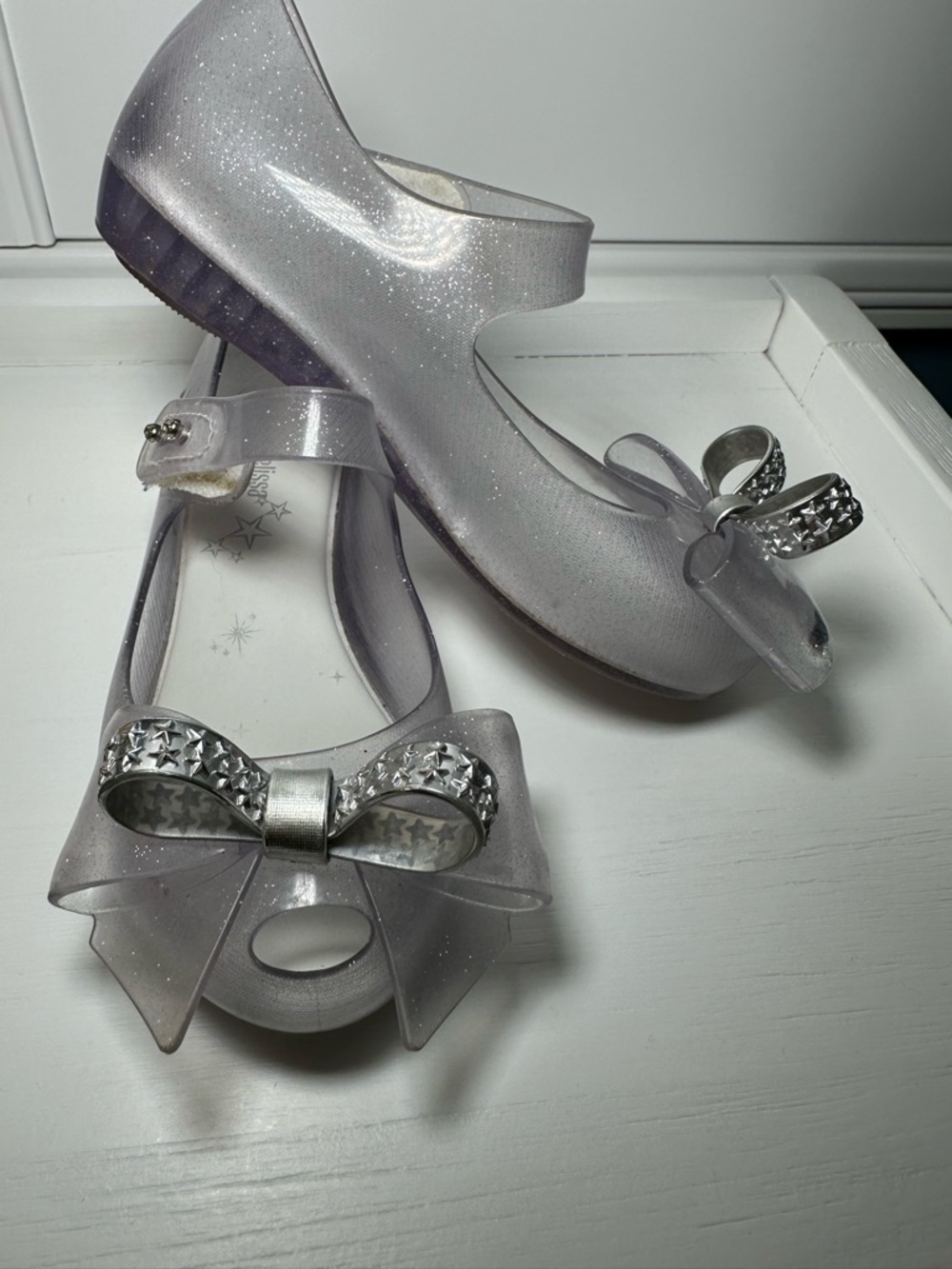 Mini Melissa Silver Cinderella Glitter Mary Jane Flats Girls Dress-up Shoes